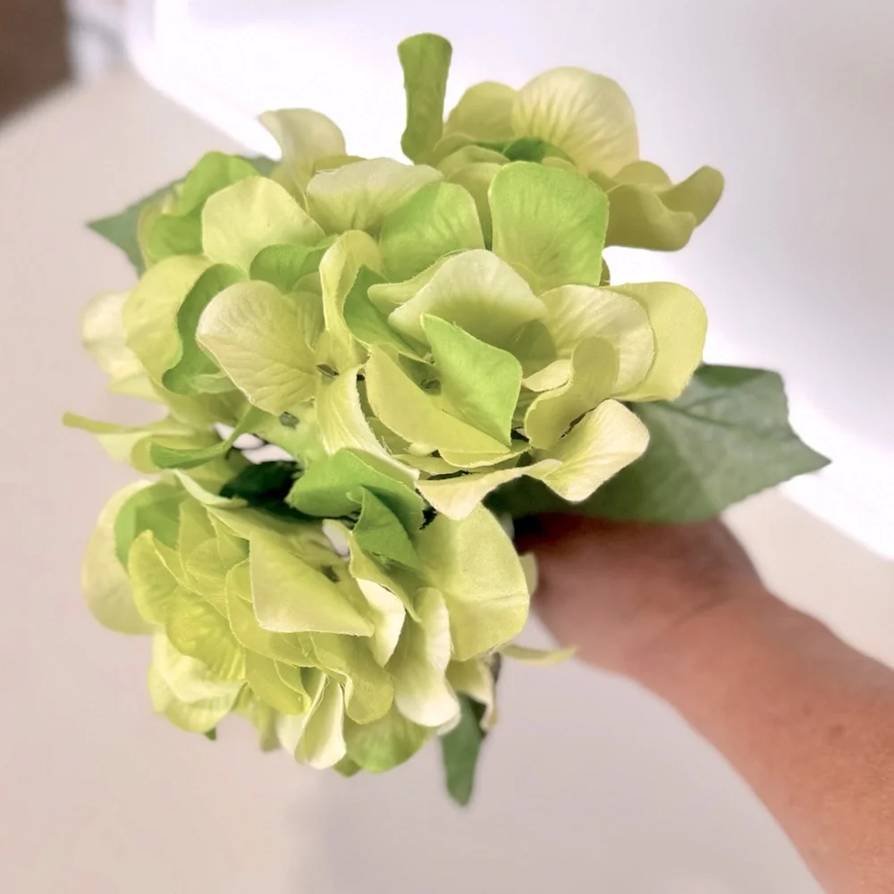 2 SHABBY CHIC Green Hydrangeas w Stems Floral Arrangement Faux Flower LIFELIKE